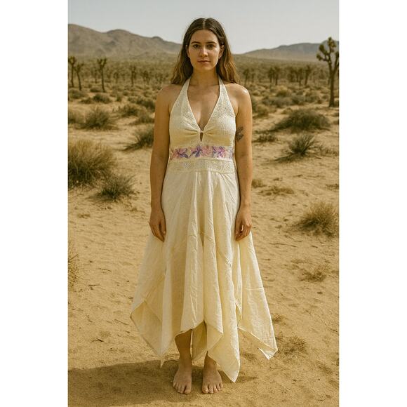 Vintage Mexican Ribbon Halter Dress Handkerchief Hem Embroidered M/L - Picture 2 of 2